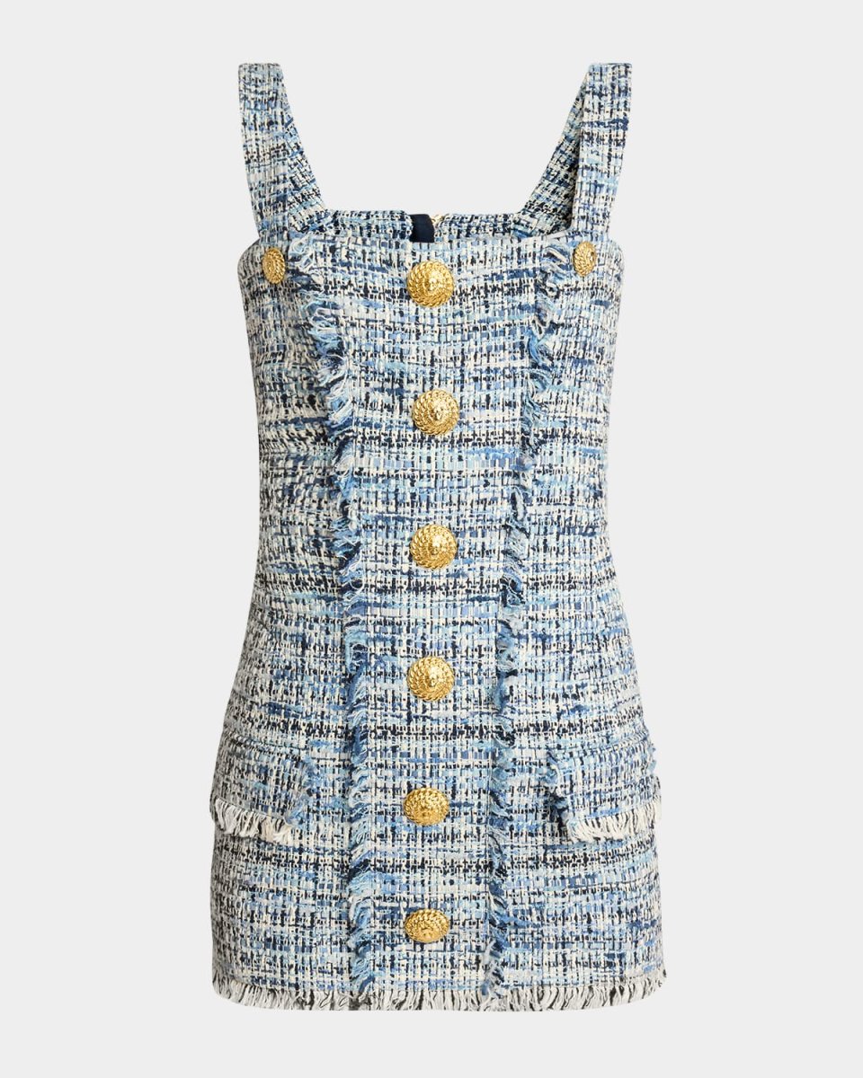 Sleeveless Button-Front Tweed Mini Dress